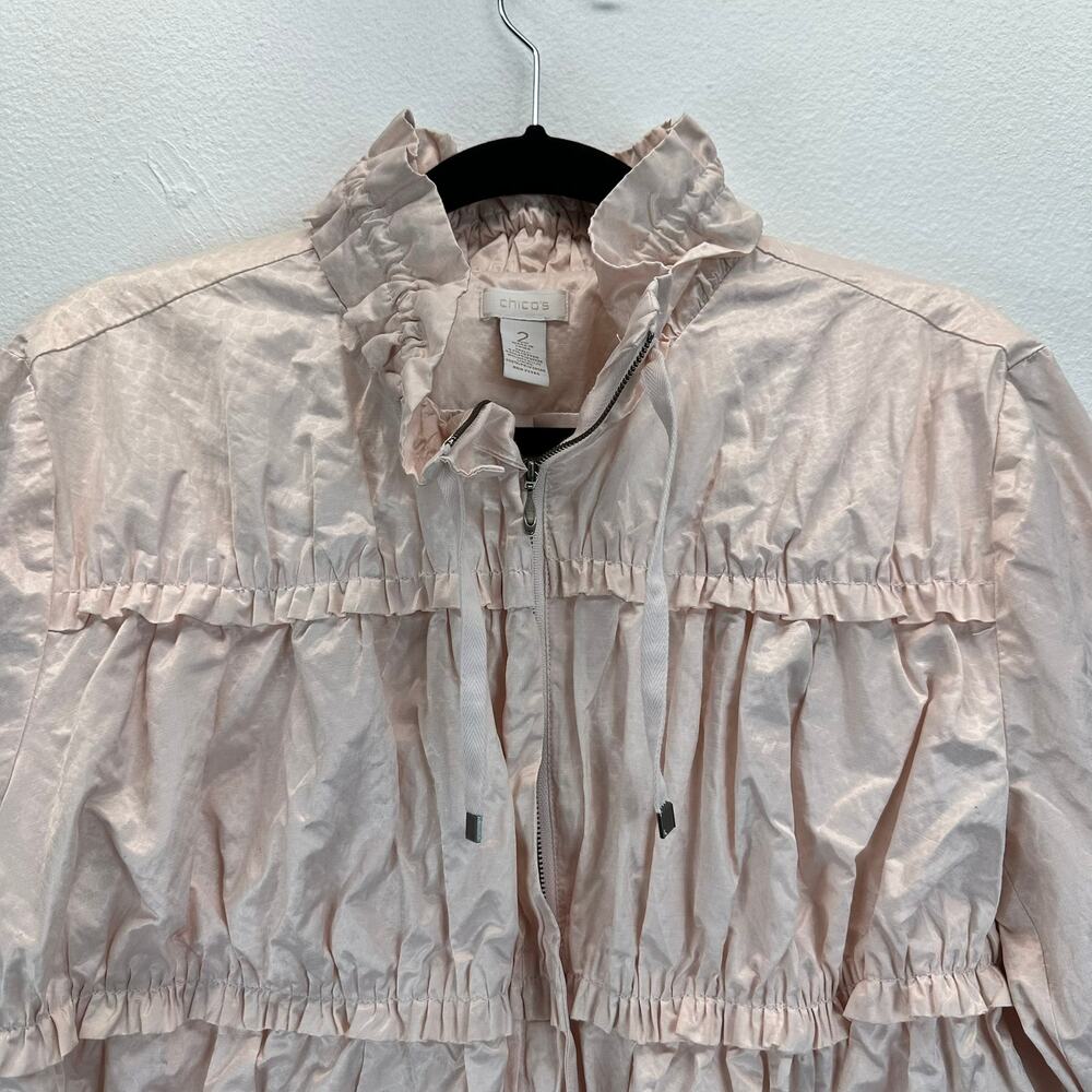 Chico's Ruffled Ruched Pink Jacket Full Zip Windbreaker 2 Large - Picture 3 of 8